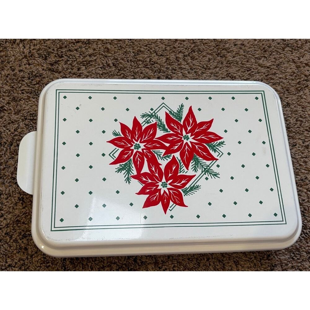 Vintage Christmas Cake Pan With Lid Holly Print Baking Dish